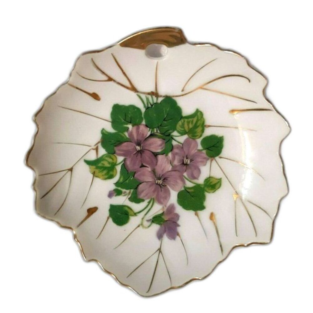 Nasco Purple Violet China Leaf Dish Tea Bag Trinket Gold Gilding Japan 5"